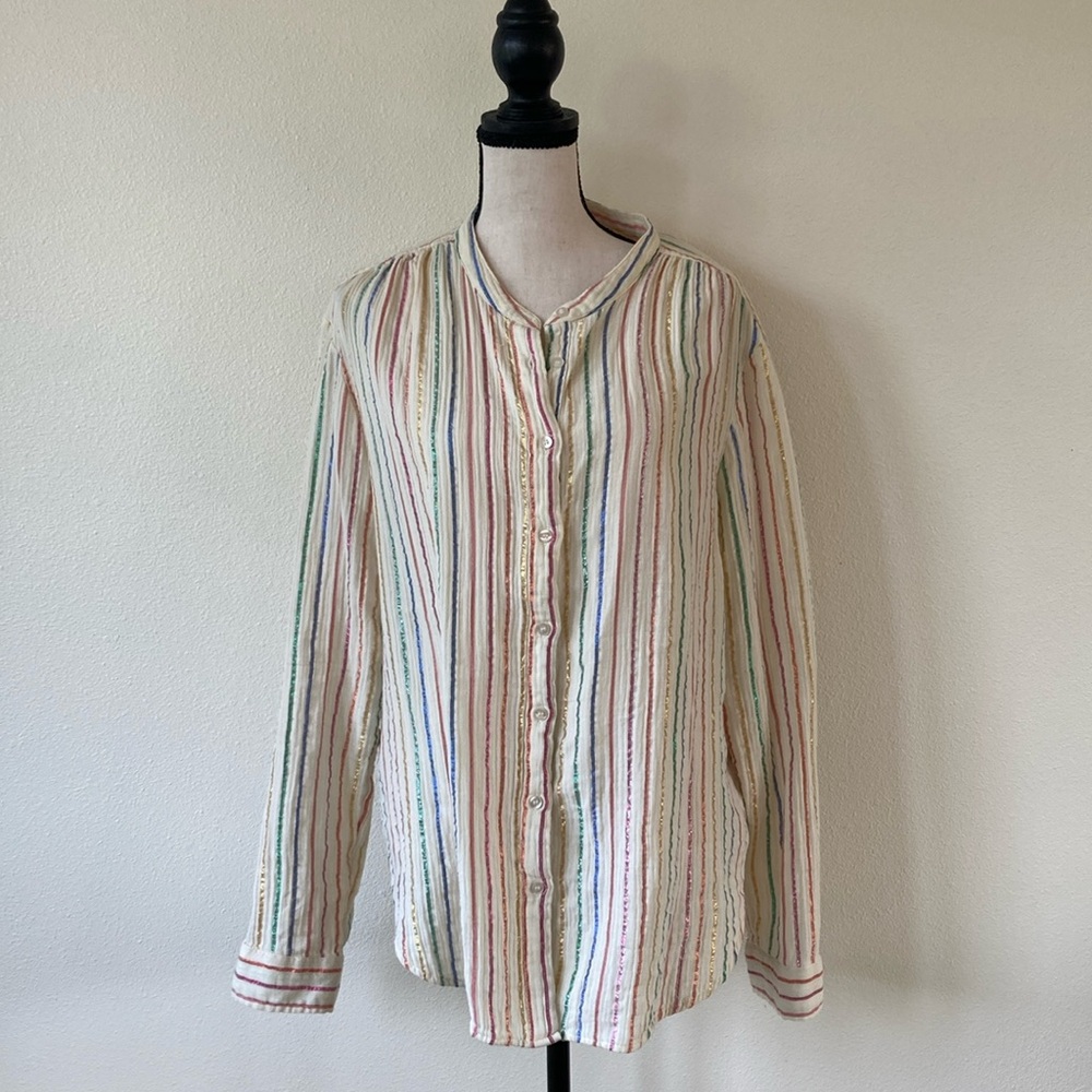 GAP crinkle gauze cotton metallic rainbow 🌈 long sleeve button down size XL